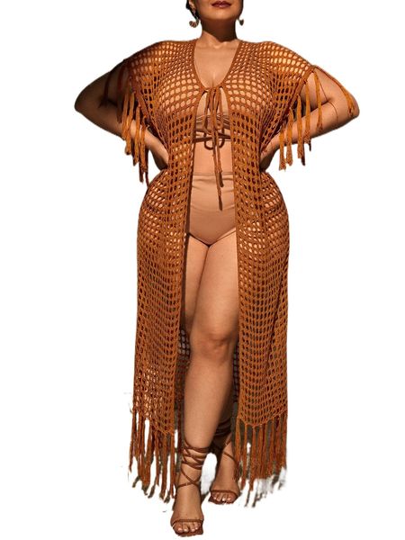 

plus hollow out fringe trim batwing sleeve knot front kimono r6wm#, Black;gray