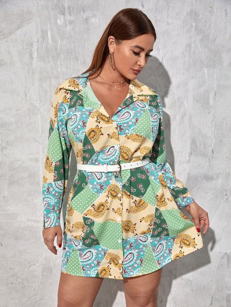 

plus paisley & polka dot print shirt dress without belt n6dc#, Black