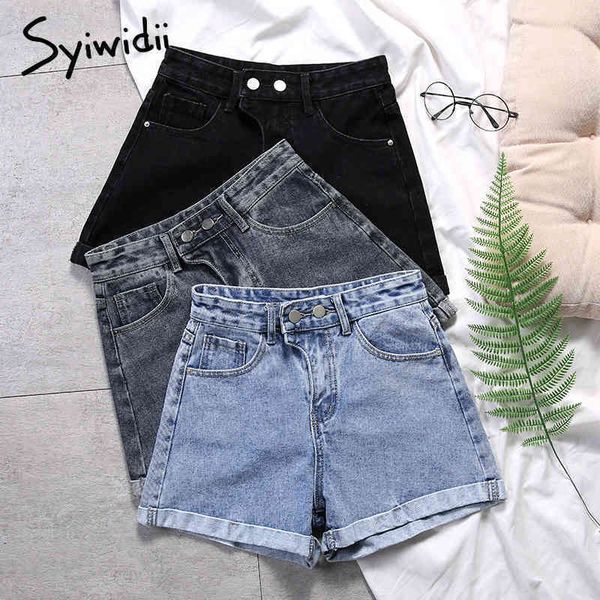 

shorts jean woman plus size high waist denim harem pants black cuffs button cotton casual korean summer boyfriend blue 210415