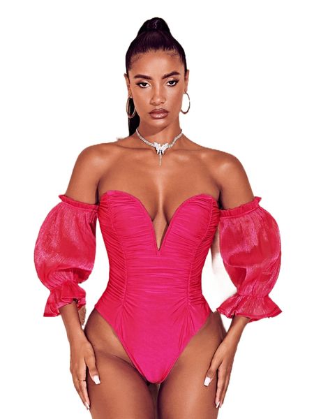 

bae off shoulder ruched flounce sleeve bodysuit 64jt#, White