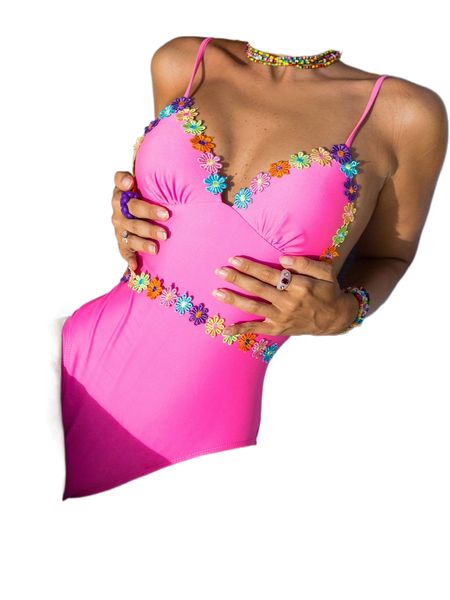 

bikinx neon pink appliques ruched one piece swimsuit j1e1#, White;black
