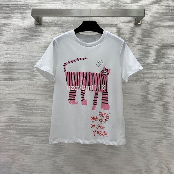 

women's t-shirt summer women's short sleeve t aging pink cartoon tiger print round neck slim top, White