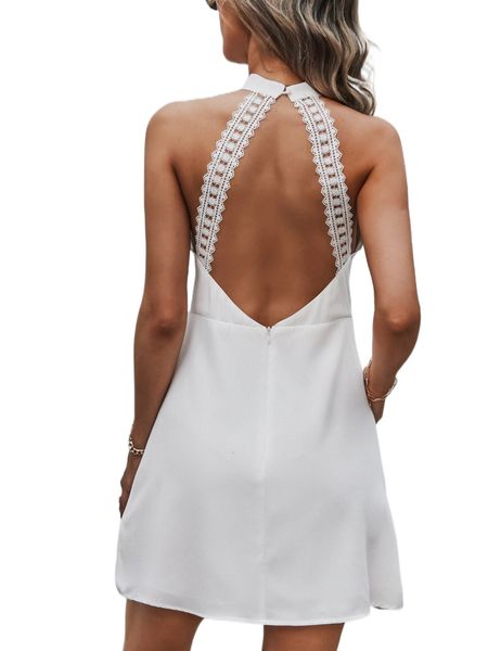 

contrast lace panel backless dress a37j#, Black;gray