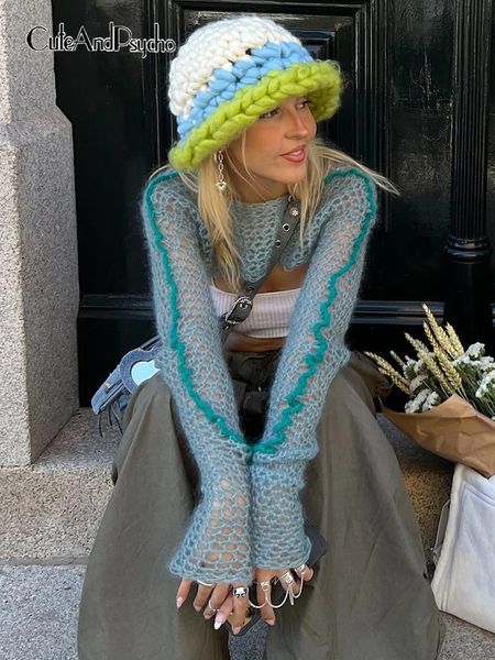 

cuteandpsycho y2k blue patchwork knit pullovers chic slim long sleeve aesthetic crop casual vintage autumn tee shirts cute 220816, White;black