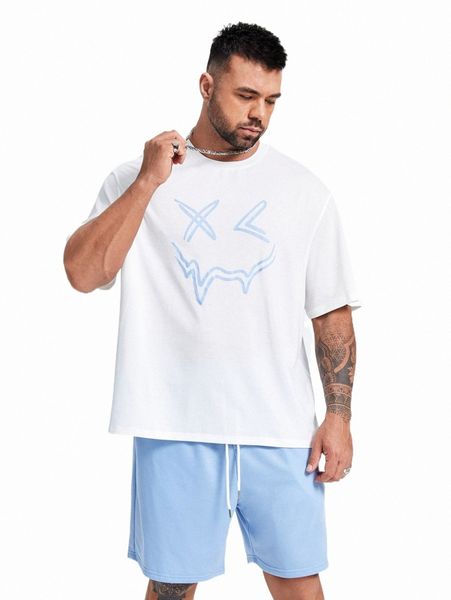 

extended sizes men cartoon face print tee & drawstring waist shorts d9pf#, Gray
