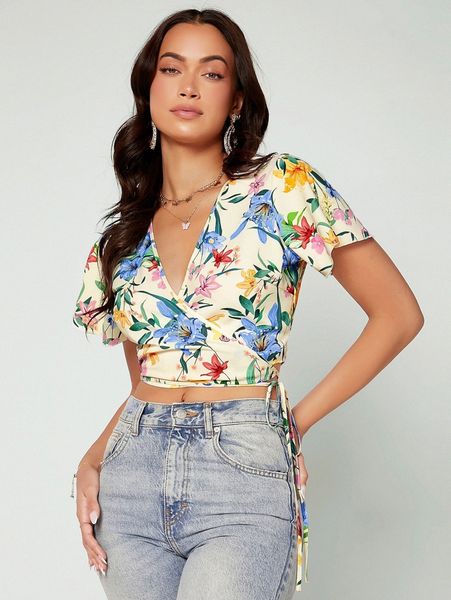 

floral print knot side crop blouse 49so#, White