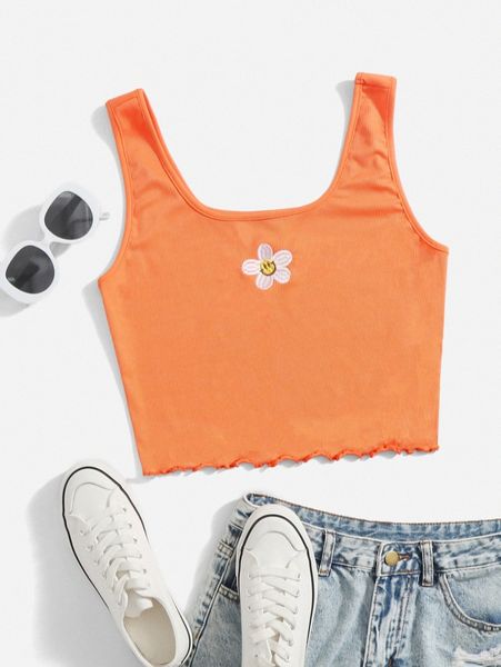 

floral embroidery lettuce trim tank a50k#, White