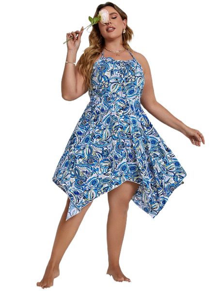 

plus paisley print asymmetrical hem halter dress w6zc#, Black