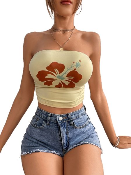 

floral print ruched side tube x4cg#, White