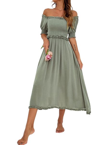 

o.ff s.houlder frilled s.hirred p.uff s.leeve d.ress w2yl#, Black;gray