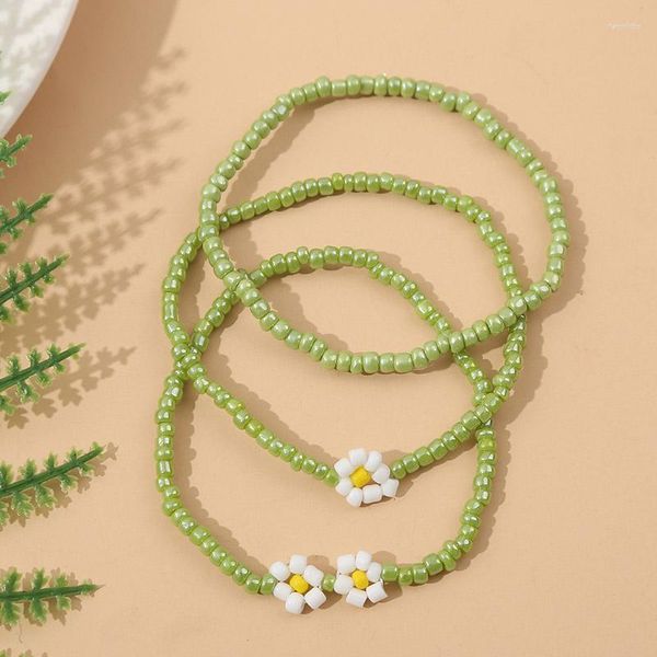 Бисерные пряди 3 ПК/установка богемских женских светло -зеленых стеклянных бусин очарование браслетов для женщин Boho белый цветочный браслет ручной работы.