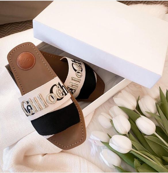 

women woody slippers designer canvas flat embroidered cross woven sandals summer outdoor peep toe casual slipper letter stylist shoes with b, Black