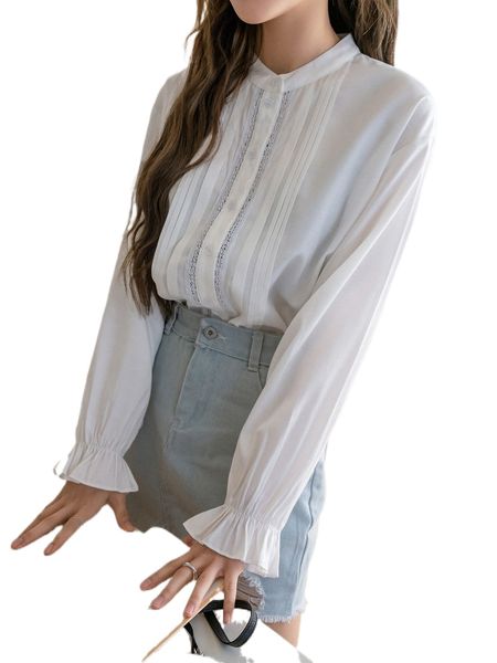 

dazy guipure lace insert flounce sleeve blouse v7vu#, White