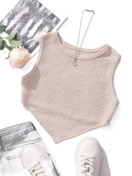 

waffle knit hanky hem crop tank m37f#, White