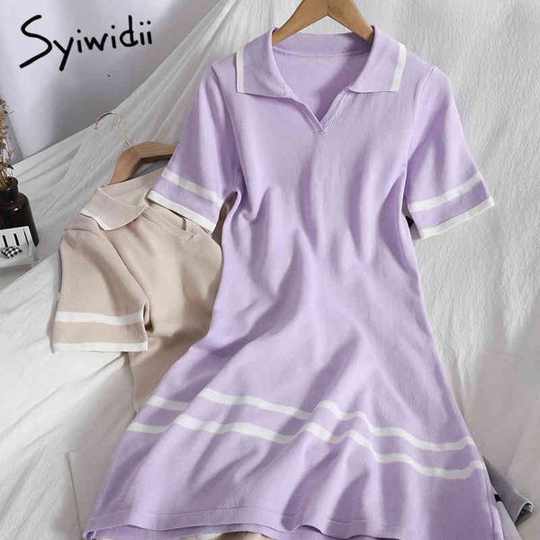 

fashion striped high waist knitted dresses women short sleeve turndown collar aline summer korean clothing 210415, Black;gray