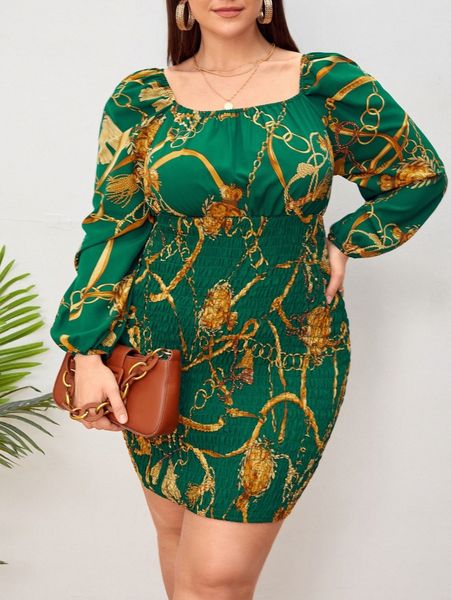 

plus chain print shirred bodycon dress r2hd#, Black