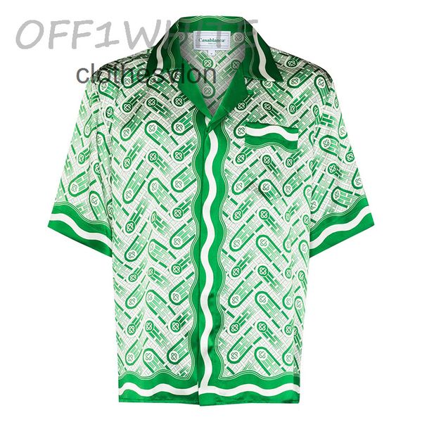 

designer mens clothes correct version casablancas grassland green printed men's and women's loose british silk shirt, White;black