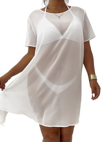

plus solid chiffon cover up dress without bikini k89d#, Black