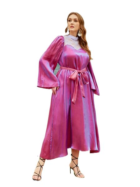 

plus contrast lace trumpet sleeve belted dress p8tl#, Black