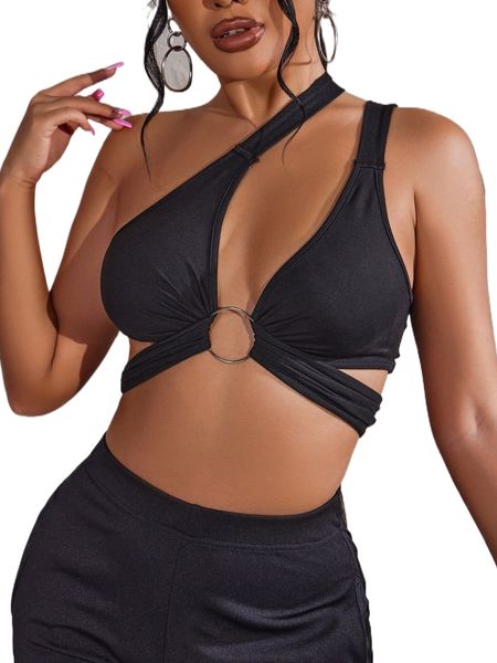 

sxy o-ring one shoulder tie back crop p06f#, White