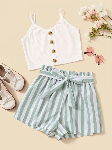 

teen girls button front cami & self belted striped shorts set she, White