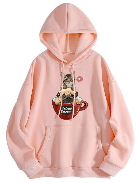 

cat & dog print kangaroo pocket drawstring thermal hoodie o5ql#, Black
