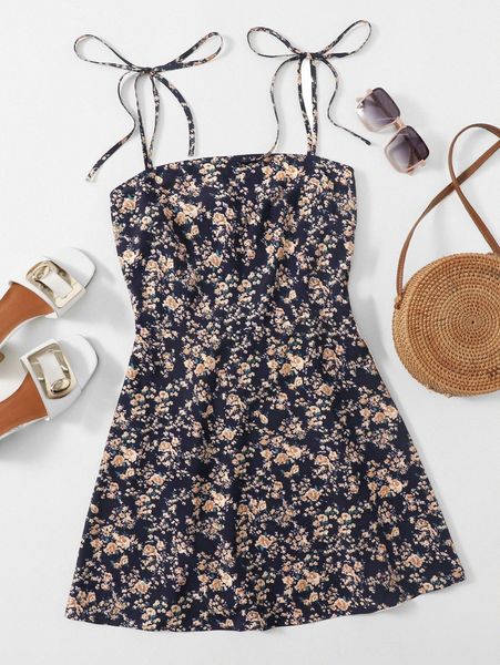 

ditsy floral tie shoulder cami dress g8hs#, Black;gray