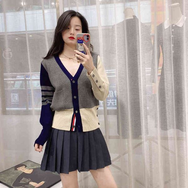 

women's knits & tees autumn style knitted cardigan women's tb classic four bar v-neck loose college outside with sweater coat, White