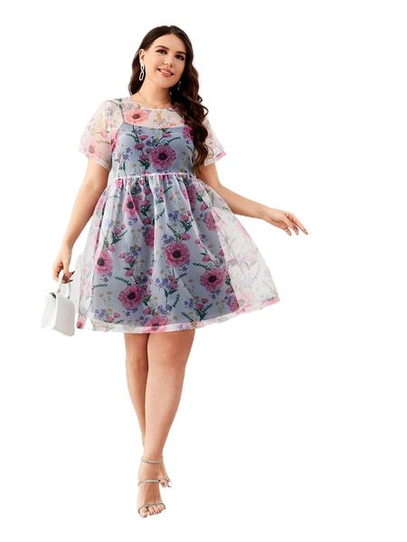 

plus floral print mesh overlay dress v3by#, Black