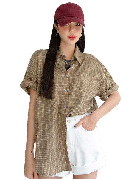 

dazy plaid patched pocket drop shoulder button through blouse 63n5#, White