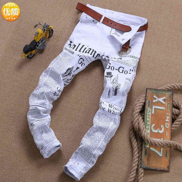 

men's jeans denim white badge men's jeans fashion brand personality hole small straight ypnl, Blue