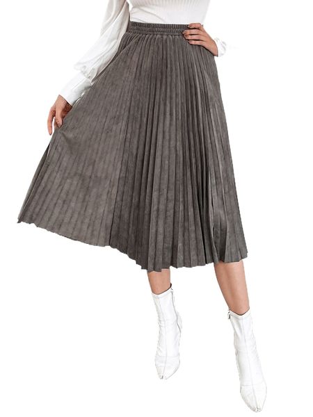 

solid pleated skirt h9pt#, Black