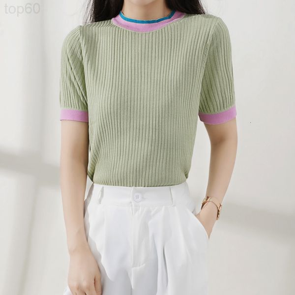 

women's sweaters designer []summer new round neck color matching stripe short sleeve t-shirt slim fit pullover green sweater women 8c6b, White;black