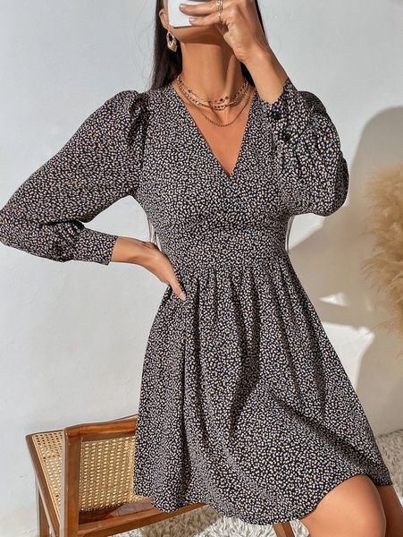 

ditsy floral print lantern sleeve dress g0rb#, Black;gray