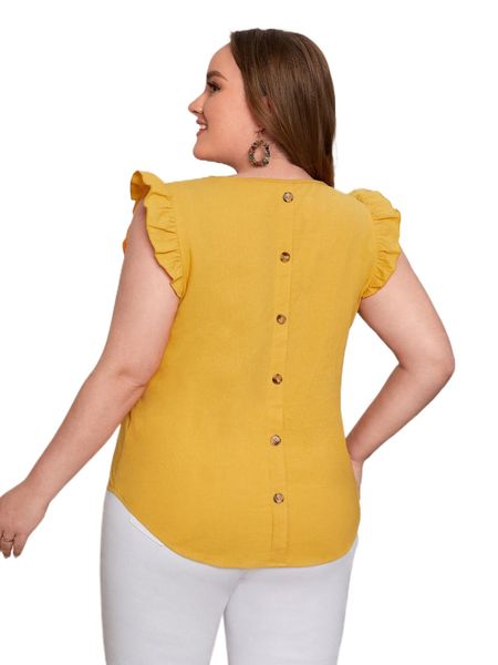 

plus button back ruffle sleeve blouse r7fx#, Black