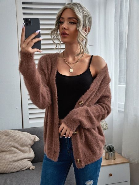 

raglan sleeve button front fuzzy cardigan e4oa#, White;black