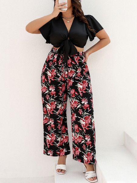 

plus tie front butterfly sleeve & allover floral print pants a7ui#, Black