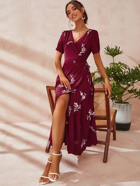 

floral print wrap hem a-line dress w4cz#, Black;gray