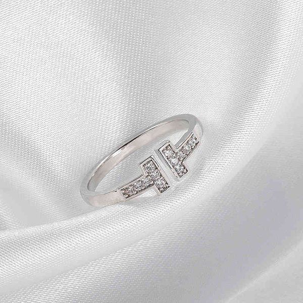 

korean creative double t-letter diamond ring 2022 with opening t-house minority design versatile temperament index finger female, Golden;silver
