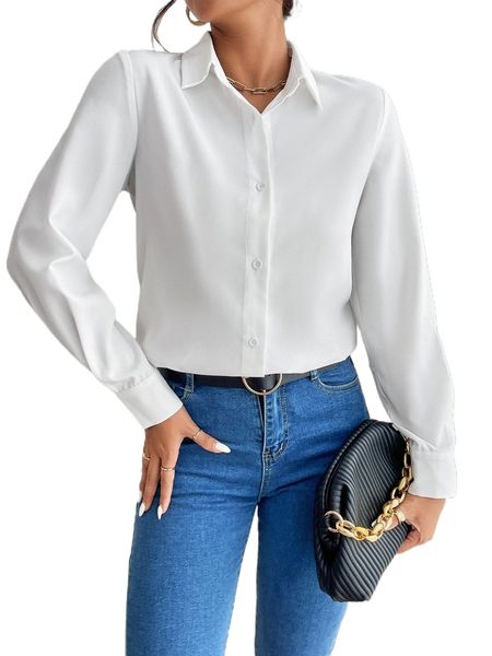 

petite solid button front shirt 74ij#, White
