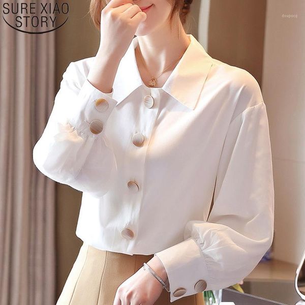 Camicette da donna Camicie 2022 Colletto da donna autunno OL Solid Camicia a maniche lunghe elegante Bottone grande Office Lady Bianco Blusas 10668