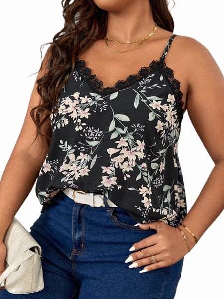 

plus floral print guipure lace trim cami e1it#, Black