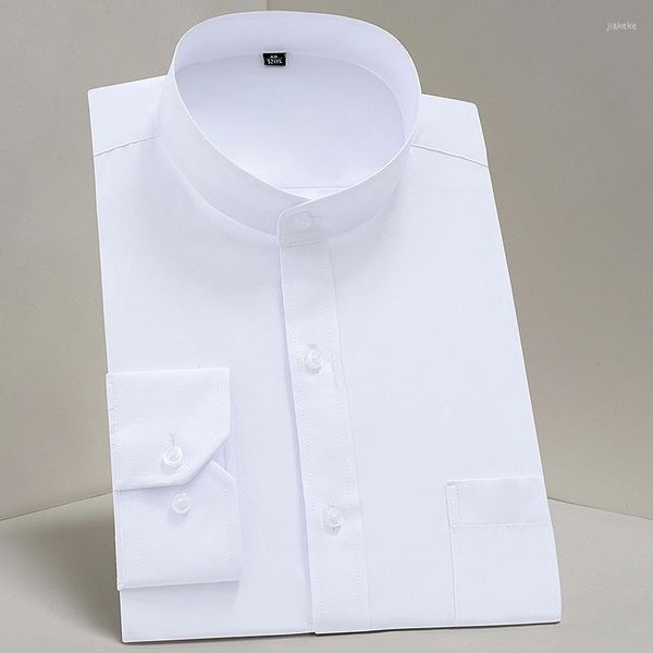 Botão de colar de stand-up de manga comprida Camisa regular Homens de negócios FormA FORMA ROUNHAS DE MODANTES Trendências de camisas chinesas vestido