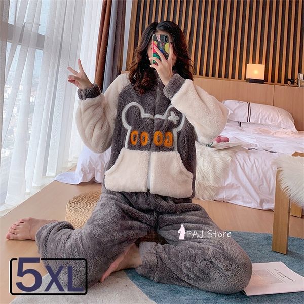 

5xl plush winter warm flannel thick coral fleece kawail cartoon high collar pajamas large bust sweatshirt suit pocket lounge set 220329, Black;red