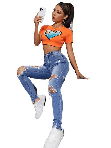 

high waist ripped raw hem skinny jeans j8ng#, Blue