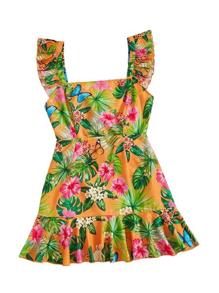 

tropical & butterfly print tied backless ruffle hem dress w8dh#, Black;gray