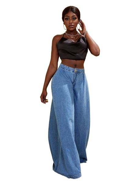 

sxy plicated detail wide leg jeans i0tk#, Blue