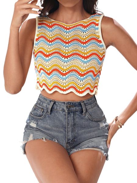 

chevron pattern scallop trim pointelle knit sweater vest c2fe#, White;black