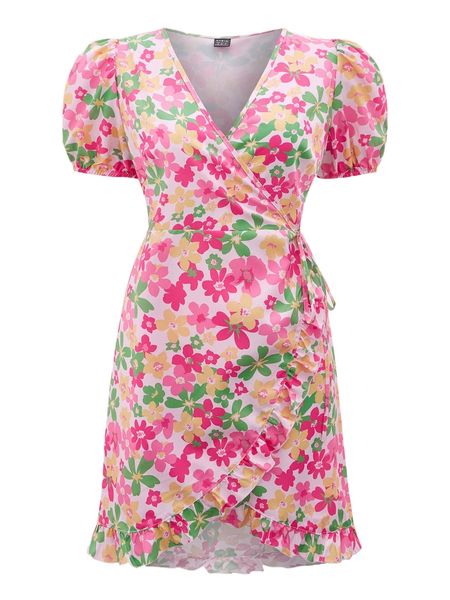 

allover floral print puff sleeve knot side wrap dress h5br#, Black;gray