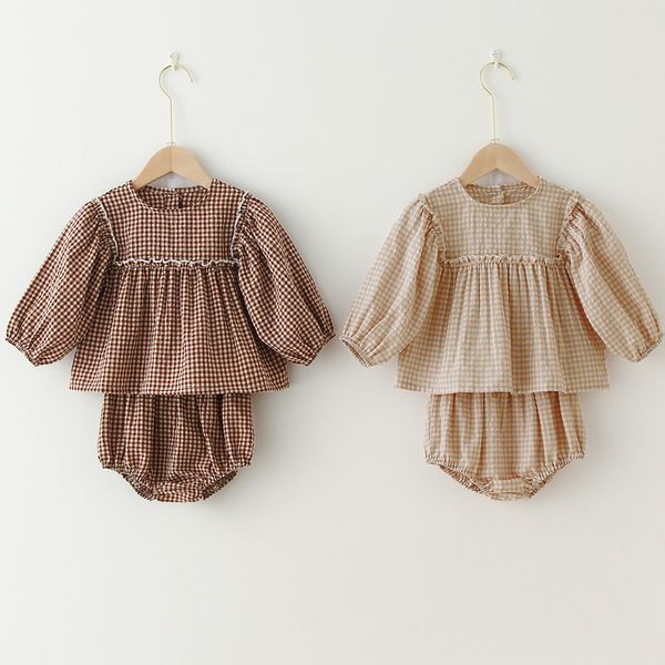 

2pcs baby girl clothes set summer spring plaid cotton toddler outfits infant born for 0-3y 220315, White